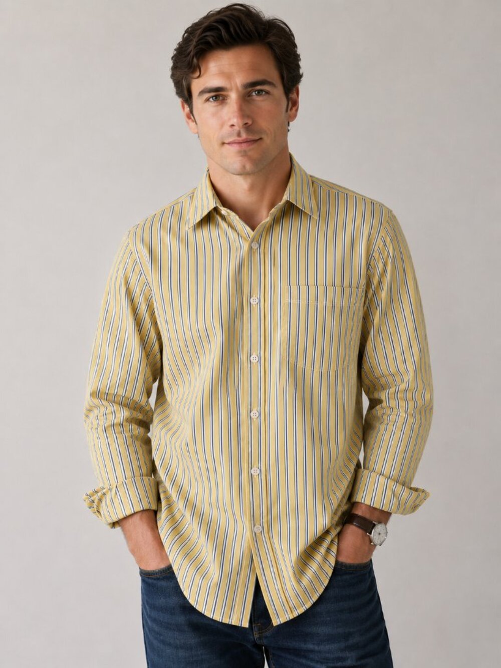 Vintage Y2K Eddie Bauer Yellow Blue Striped Cotton Button Front Shirt Large